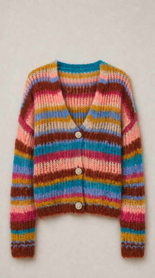 Cardigan Cropped Baby Alpaca Merino - Righe Multicolor — PRE-ORDER – lifestyle look, styled by Philip Zepter
