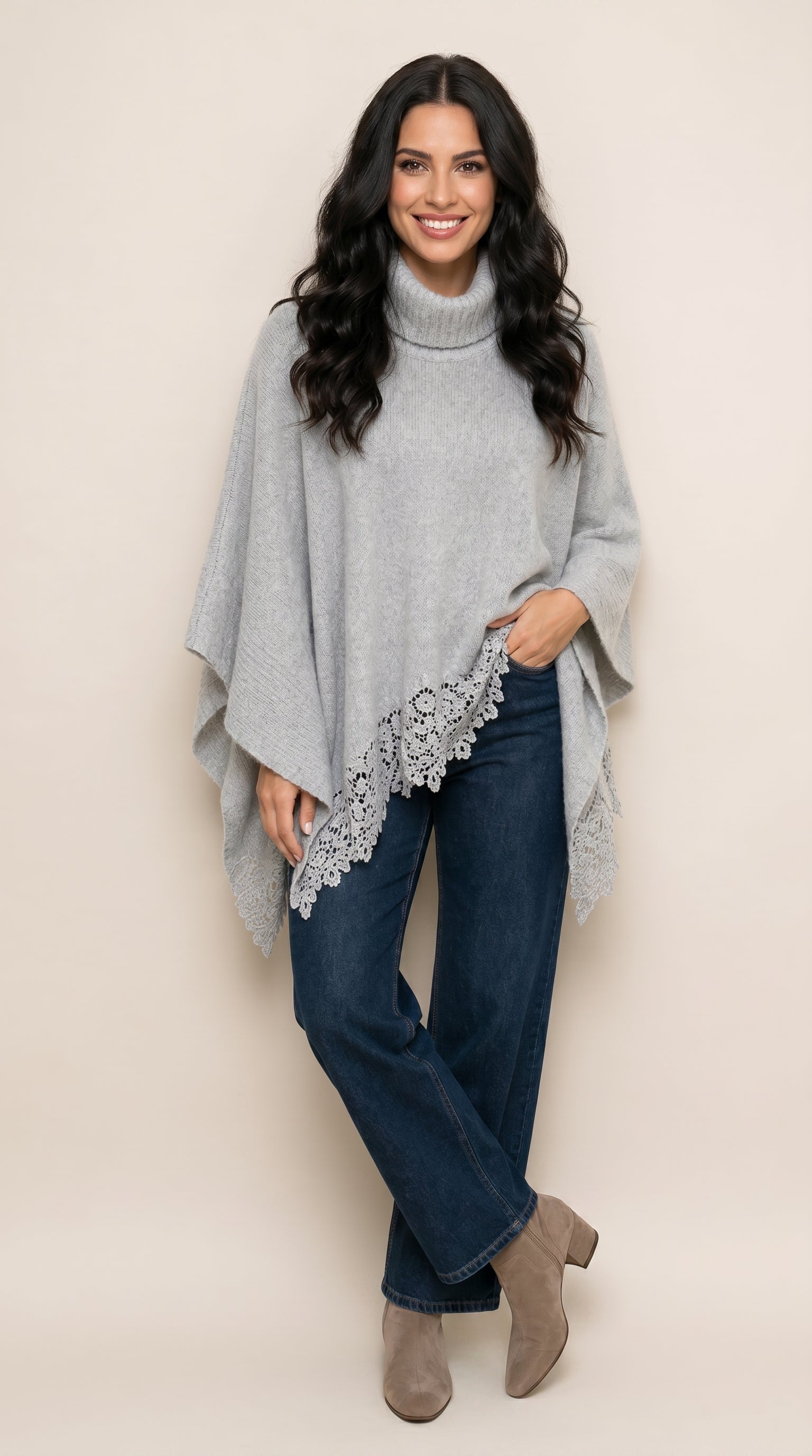 Gray poncho with lace — PRE-ORDER — PZ045 LUCILLA
