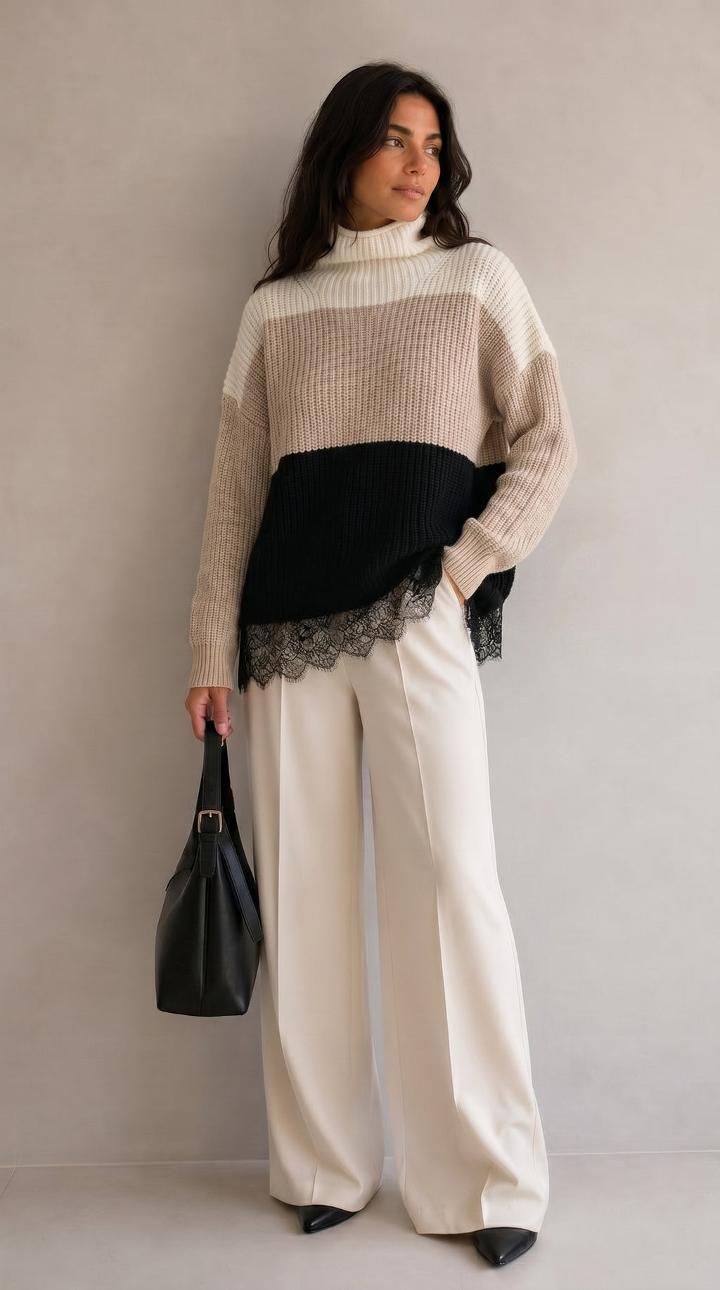Maglia Oversize Lace Detail Merino – front view – Philip Zepter luxury knitwear