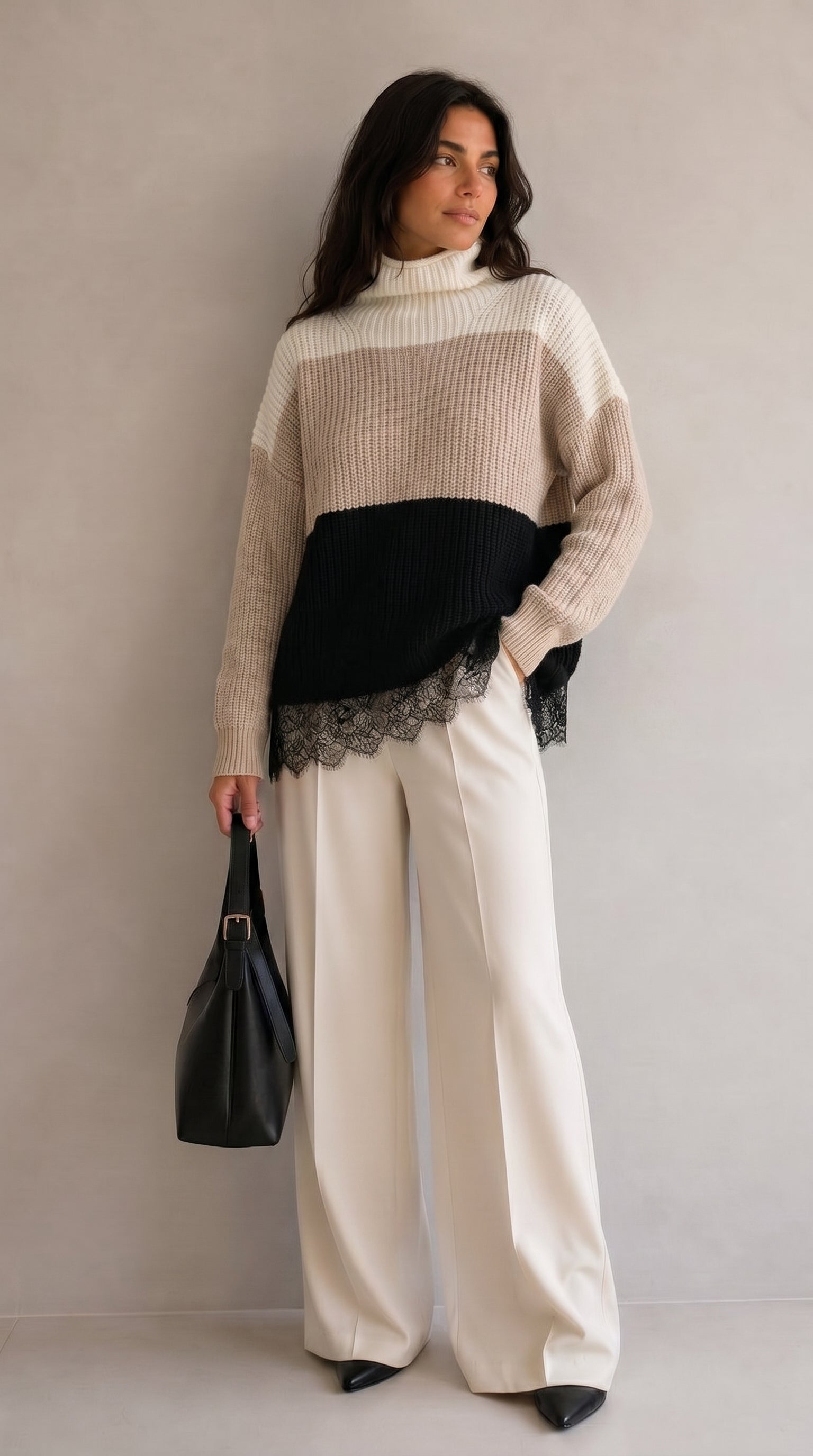 Maglia Oversize Lace Detail Merino – front view – Philip Zepter luxury knitwear