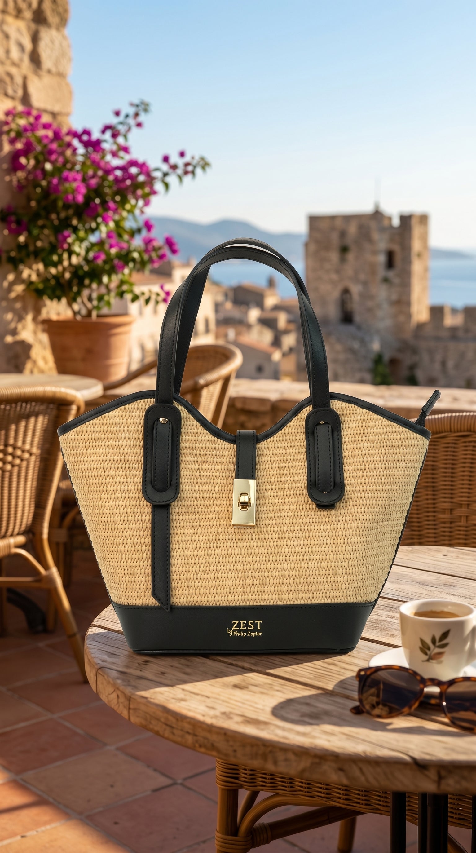 Borsa Tote in Pelle e Paglia - ZS-2514 – front view on neutral background – ZEST by Philip Zepter