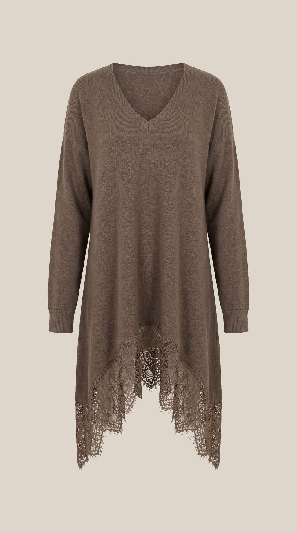 Maxi Baby Alpaca Sweater with Lace Hem — PRE-ORDER – alternate view on neutral background – Philip Zepter