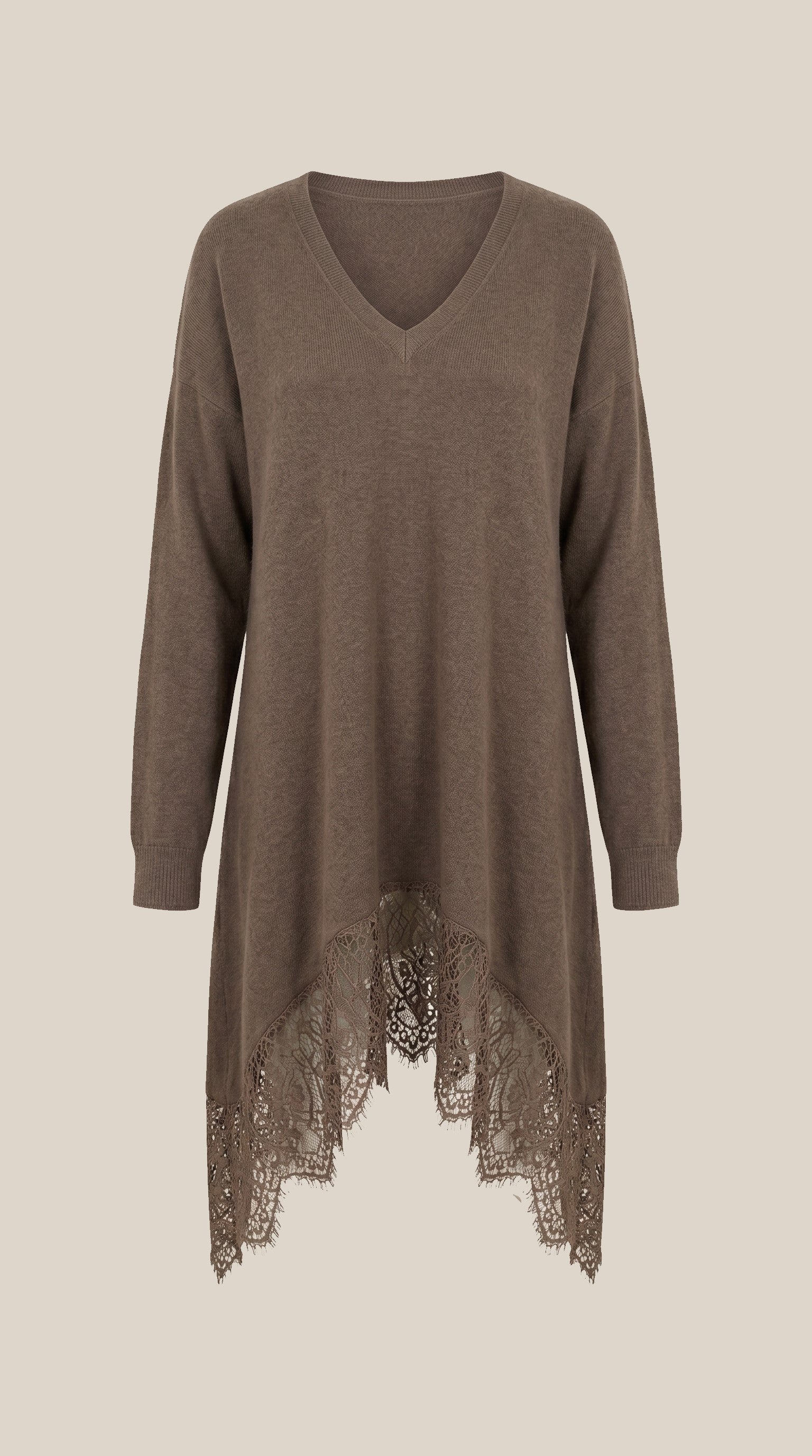 Maxi Baby Alpaca Sweater with Lace Hem — PRE-ORDER – alternate view on neutral background – Philip Zepter
